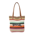 Borsa a secchiello tessuta a righe colorate con ricamo SUMMER e manici in pelle - A Righe Calde Rosso Giallo Verde (Stile 3)