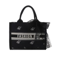 Bolso tote negro con rosas blancas, texto de moda y lazo decorativo de encaje negro - Negro