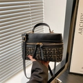 Elegant black tweed box bag with gold chain strap and top handle for women - Black