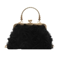 Elegante schwarze Abendtasche mit 3D-Netzrosen und goldenen Metallgriffen - Schwarz