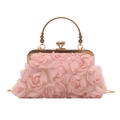 Rosa Abendtasche mit 3D-Stoffblumen und roségoldenem Vintage-Metallgriff für Damen - Rosa