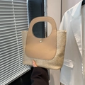 Borsa a mano retrò in paglia intrecciata beige con dettagli in pelle e fibbia - Cachi