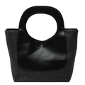 Borsa retrò in paglia con patchwork a contrasto e manico rotondo su sfondo bianco - Nero
