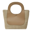 Borsa tote in paglia intrecciata beige con manici cammello e dettaglio bottone dorato - Cachi