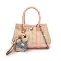 Pink straw handbag with cute bear charm and silver metal chain strap for women - Pink With Charm