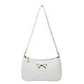 White crescent underarm bag with gold bow buckle and floral pendant zipper puller - White
