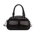 Dark coffee glossy Boston bag with double front utility pockets and silver hardware - Brown