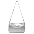 Silver metallic leather underarm bag with golden bow and flower charm in 2025 style - Silver