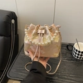 Beige embroidered bucket bag with pearl handle and pink floral silk embroidery design - Pink Large Flower