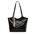 Glossy black high-capacity tote bag with HUANIKOU logo and woven tassel charm - Black