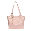 Pink glossy shoulder tote bag with HUANIKOU embossed logo and a knot tassel pendant - Pink
