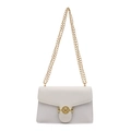 White chain shoulder bag with floral embossing and golden M-letter buckle decoration - White