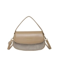Exquisite women's shoulder bag in khaki leather and champagne glitter fabric with handle - Khaki