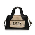 Fashionable beige fabric and black leather crossbody tote bag with BEPRO letter print - Black