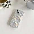 Detail of glittery clear iPhone case featuring satin bows and scattered pearls decoration - iPhone 7/8/SE 2020 / Off White