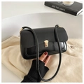 French style vintage black shoulder bag with gold metal buckle and leather texture - Black