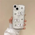 Cream glitter iPhone case with 3D white bows and rhinestone accents in a wavy textured design - Cream White Flash / iPhone 7/8/SE 2020