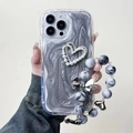 Custodia iPhone cuore strass con catena di perle e design effetto sabbia liquida - Custodia Grigio Crema - Cuore Di Perla Cavo - Catena Di Perle Sfumate - Grigio Argento / iPhone 7/8/SE 2020