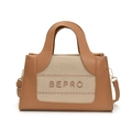 Brown leather and canvas square handbag with BEPRO embroidery and gold hardware detail - Khaki