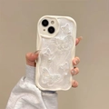 Detailed view of wave-edge phone case with 3D butterflies and pearls for iPhone - Cream White/Glitter/Pearl Butterfly / iPhone 7/8/SE 2020