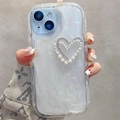 Custodia iPhone 16 Pro Max con cuore di strass, catena di perle e design glitterato - Custodia Bianco Crema - Cuore Di Perla Cavo - Glitter Bianco / iPhone 7/8/SE 2020
