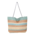 Rainbow striped straw woven beach tote bag with white rope handles and spacious interior - Fresh Blue Green Stripes (Style 1)