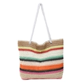 Rainbow striped straw tote bag with white rope handles and spacious interior - Bright Multi-color Patchwork (Style 3)