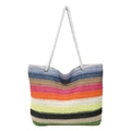 Rainbow striped woven tote bag with white rope handles for summer beach vacations - Dark Contrast Color Patchwork (Style 4)