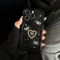 Glitzerndes schwarzes Wellen-Etui für iPhone mit Perlen-Herz und Schleifen-Design - Schwarz / iPhone 7/8/SE 2020