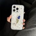 Detail of iPhone case with glitter finish, blue tulip diamond inlay and white pearls - iPhone 7/8/SE 2020 / Blue Tulip Style