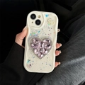 Close-up of cream wavy phone case with glitter and large pink heart crystal for iPhone - Pink / iPhone 7/8/SE 2020