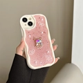 Detailed view of pink glitter iPhone case with 3D bear, pearls and wavy frame - iPhone 7/8/SE 2020 / Pink
