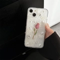 Detail of glitter iPhone case featuring 3D floral pearls and crystal embellishments - iPhone 7/8/SE 2020 / Pink Tulip Style