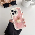 Dettaglio della cover iPhone con ballerina 3D, retro rosa glitterato e perle di lusso - Custodia Crema-Glitter-Strass Ragazza di Balletto-Bianco / iPhone 7/8/SE 2020