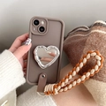 Brown iPhone case featuring a silver heart mirror and braided lanyard hand strap detail - Linear Heart Mirror Stand - Braided Rope - Milk Coffee / iPhone 7/8/SE 2020