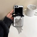 Detail of folding phone case with heart rhinestone tassels and black leather strap - White Tassel (Samsung ZFlip7)