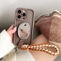 Brown iPhone case featuring an oval mirror with an orange braided wrist strap - Irregular Oval Mirror Stand - Braided Rope - Milk Coffee / iPhone 7/8/SE 2020