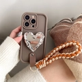 Brown iPhone case with heart-shaped mirror and orange braided lanyard handle - Pleated Heart Mirror Stand - Braided Rope - Milk Coffee / iPhone 7/8/SE 2020