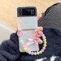 Detail of transparent Galaxy Z Flip 6 case with pink bow and colorful heart bead strap - Samsung ZFlip3 / Pink Bowknot Colorful Heart Chain (Hard Shell)