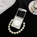 Detail of white leather case for Z Flip with pearl strap and bow mirror stand - Bowknot Round Mirror Bracket + Crackle Bead Chain / White / Samsung ZFlip6