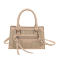 French style straw handbag with beige PU leather trim and front zipper detail - Off White