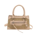 Woven straw crossbody bag with beige leather trim and classic trapezoid design for summer - Khaki