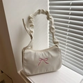 Sac sous le bras beige chic avec broderie nœud rose et bandoulière plissée élégante - Blanc