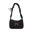 Borsa a spalla nera con ricamo fiocco rosa e tracolla a nuvola con volant eleganti - Nero