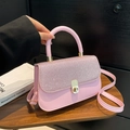 Pink rhinestone handbag for women with gold clasp and leather shoulder strap for crossbody wear - Pink