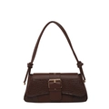 Dark brown faux leather baguette bag with crocodile pattern texture and gold buckle - Brown