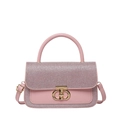 Pink handheld bag with glitter texture flap and gold metal clasp in main front view - Pink