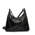 Glossy black hobo shoulder bag with silver chain detail for women minimalist casual tote bag - Black