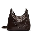 Chocolate brown glossy hobo bag with silver chain and adjustable shoulder strap - Brown