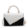 Bolso de mano minimalista bicolor blanco y negro con asa tejida y detalles metálicos dorados - Blanco Roto